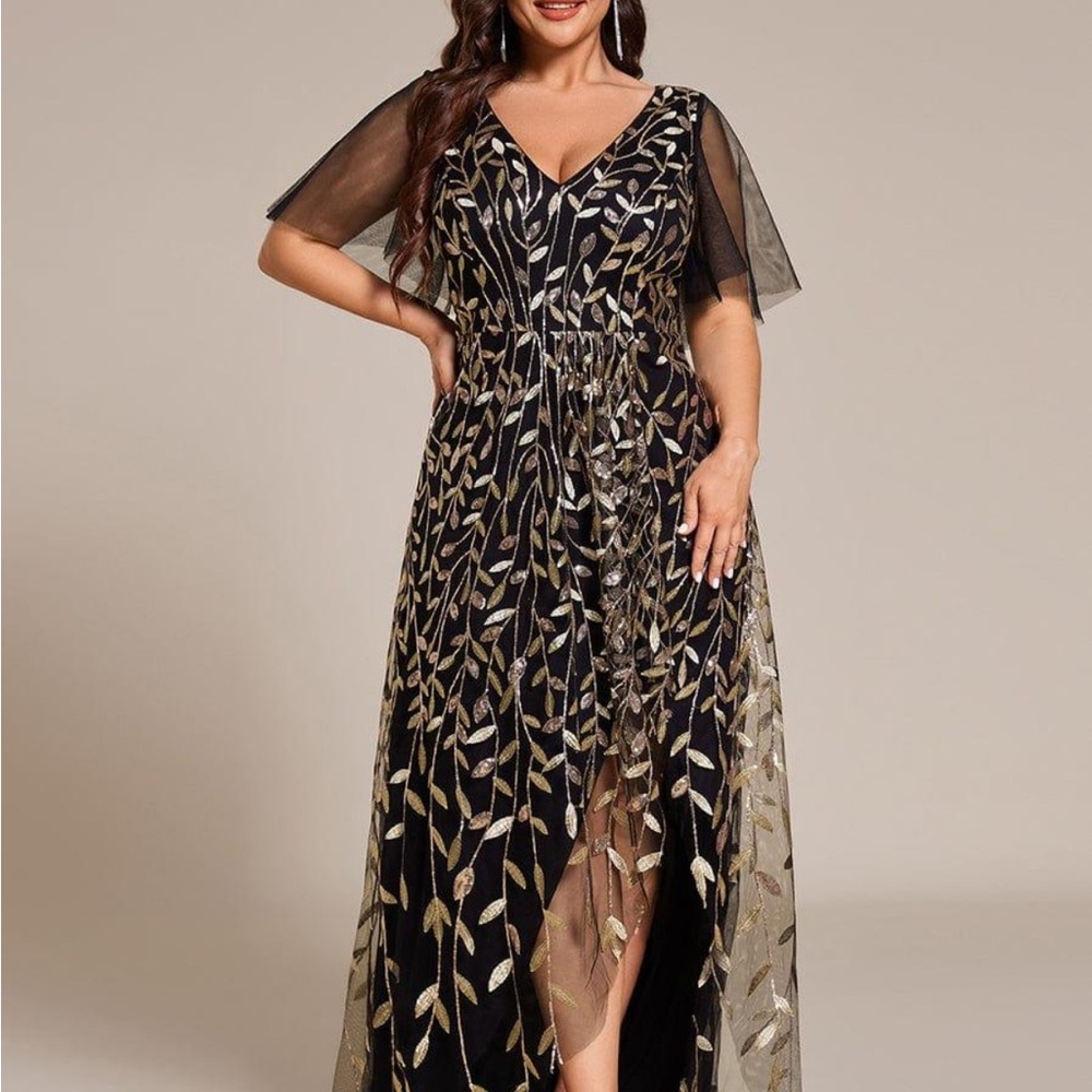 Ever Pretty Black and Gold High-Low Gown with Flutter Sleeves